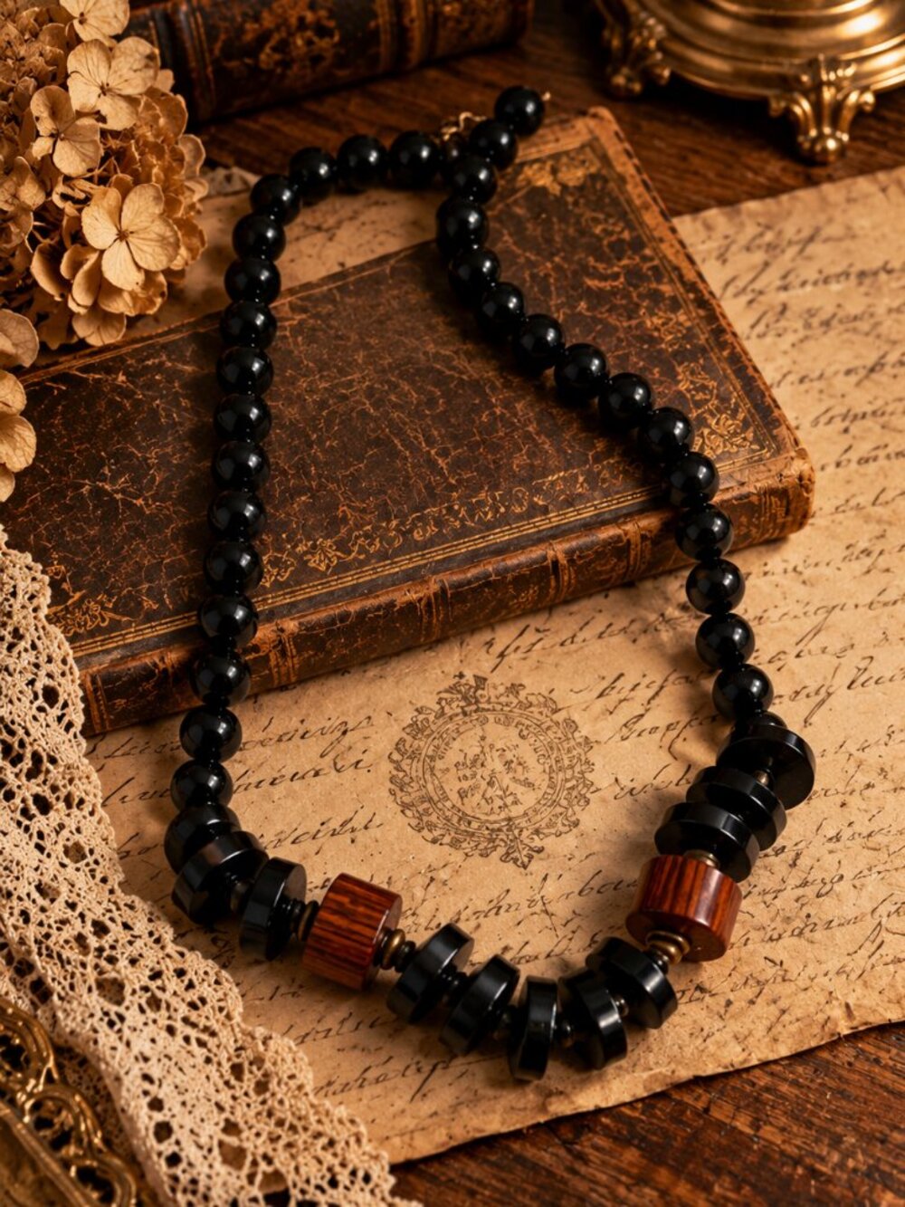 Vintage Chunky Black & Wood Bead Statement Necklace
